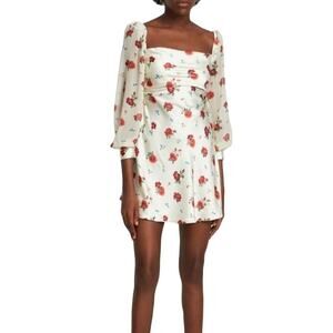 WeWoreWhat White Red Floral Puff Sleeve Cowl Neck Satin Mini Dress 2 Revolve